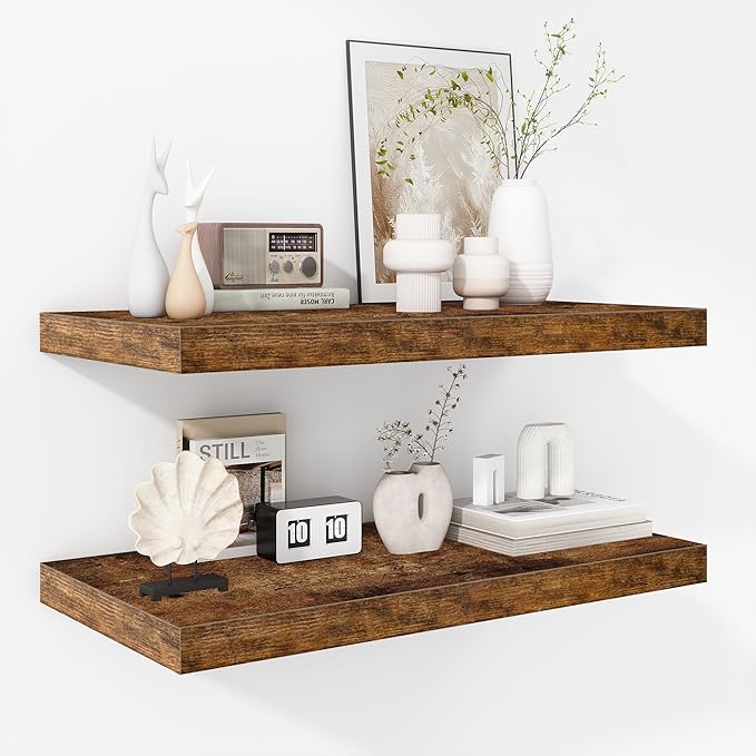 Fun Memories Floating Shelves - 2 Pack 12 Inch Deep Rustic Wooden Wall Shelves - Extra Deeper & Thicker Wall Mounted Storage Shelf for Living Room, Kitchen, Farmhouse - 24" W x 12" D x 1.5" H - Brown