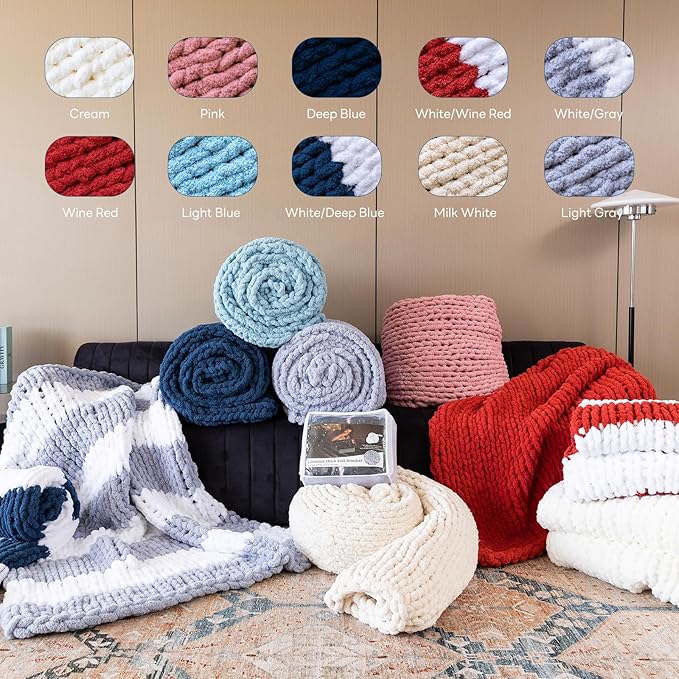 Chunky Knit Blanket - Luxury Soft Cozy 50 * 60 Throw Blanket,100% Woven Blanket Rope Knot Throw Blanket for Couch, Sofa, Home Decor, Gift - Machine Washable（White/Light Gray）