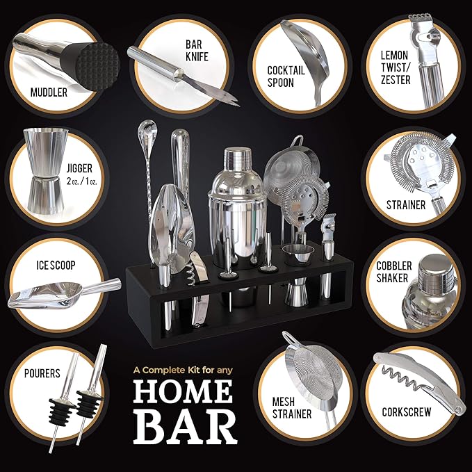 Highball & Chaser 13-Piece Cobbler Cocktail Shaker Set Stainless Steel Mixology Bartender Kit With Stand For Home Bar Cocktail Set | Laser Engraved Cocktail Tools | Plus Ebook with 30 Cocktail Recipes