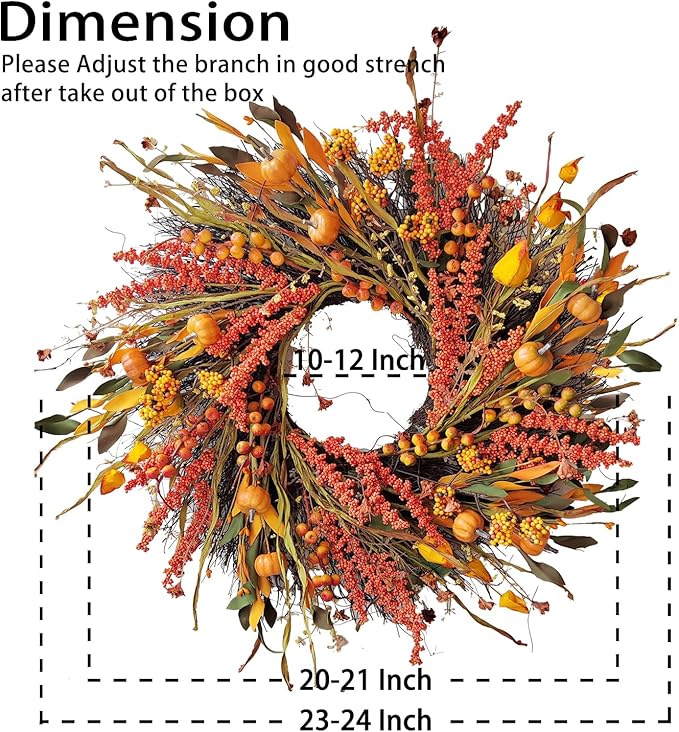 WANNA-CUL 24 inch Fall Wreath Decor for Front Door with Pumpkins, Hawthorn,Grain,Lantern Fruit,Berries,Eucalyptus Leaves, Large Harvest Door Wreath for Autumn or Thanksgiving Decoration