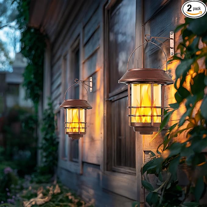 Otdair Solar Wall Lantern Outdoor, Flickering Flames Solar Sconce Lights Outdoor, Hanging Lamps Wall Mount for Front Porch, Patio and Yard, 2 Pack, Bronze