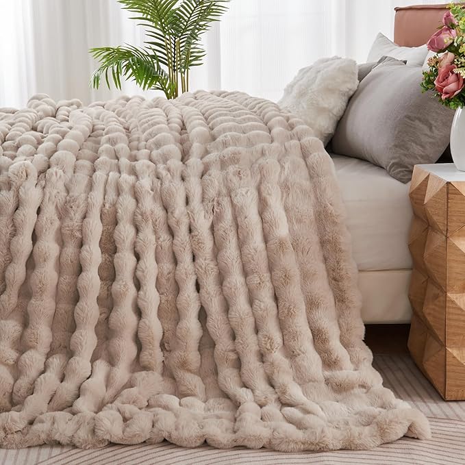Lotus Karen Faux Fur Throw Blanket Linen - 800 GSM Bubble Rabbit Fluff Blanket for Couch Bed Sofa,Softest Fluffy Fuzzy Cozy Blanket,Thick Furry Plush Shaggy Warm Blankets for Women,108x90 Inches