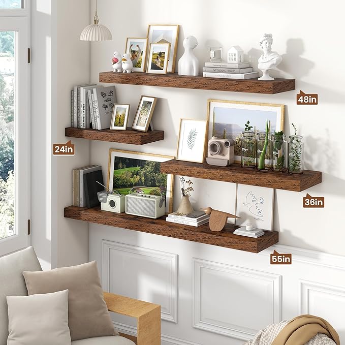 Heimlove 36 Inch Floating Shelves for Wall Set of 2,Rustic Brown Wall Shelves for Storage & Decor - Heavy Duty with Invisible Brackets,Perfect for Living Room,Bedroom,Home Office