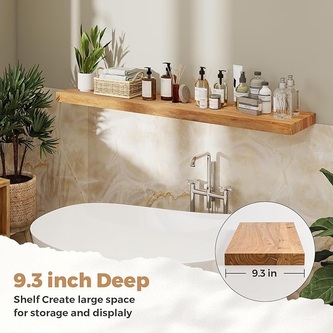 RICHFOCUS Elm Floating Shelves for Wall - 48" W x 9.3" D Rustic Solid Wood Shelves with Invisible Bracket, Wall-Mounted for Living Room, Bedroom, Kitchen Storage & Display, Set of 1, Natural