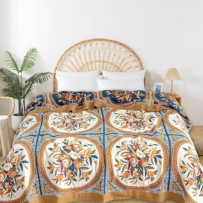 Boho Throw Blanket for Bed - 100% Pure Cotton Ultra Soft Rustic Quilt - Farmhouse Decor Bed Blankets, All Season Rustic Throw for Sofa Couch Chair(91''x 98'', Floral)