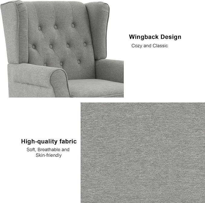 Accent Chair, Upholstered Armchair with Button Tufted High Back & Solid Wood Legs, Comfy Wingback Reading Single Sofa Chair for Small Spaces, Living Room, Bedroom (Light Grey, Set of 1)
