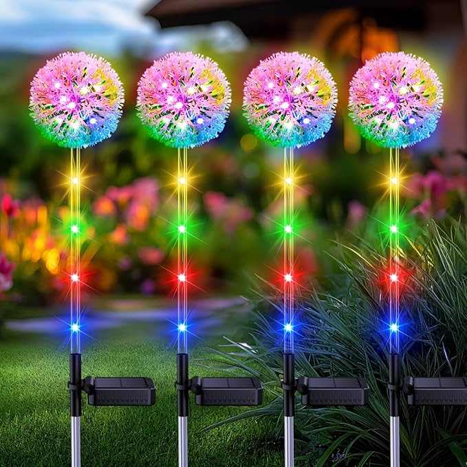 Solar Garden Lights Outdoor Decorations: 4 Pack Dandelion Flower Lights, 2 Modes Colorful 16 LED Landscape Light, Waterproof Artificial Flowers for Yard, Patio, Pathway Decor, Gifts for Women Mom