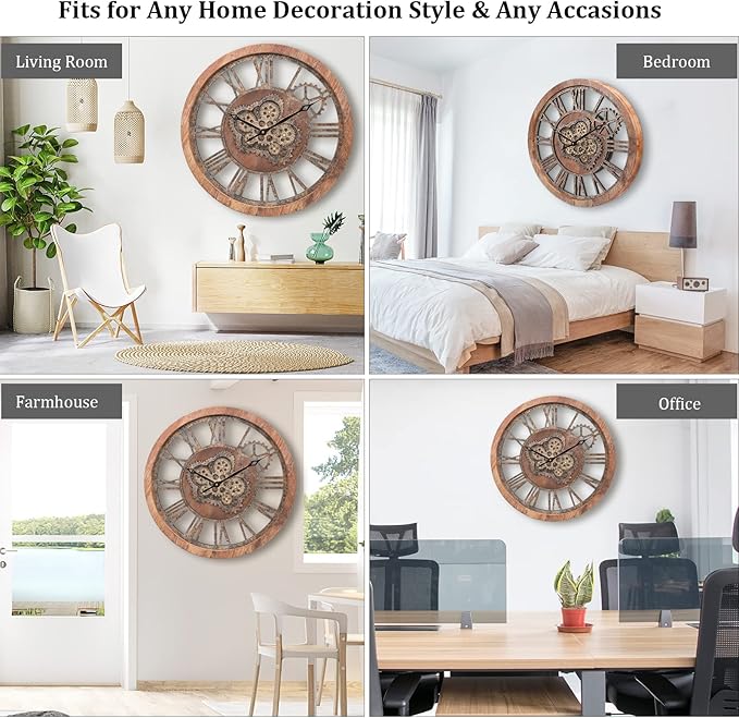 HOIBAI Large Wall Clock, Wall Clocks for Living Room Decor 20 Inch Farmhouse Vintage Rustic Kitchen Wall Decor Vintage Roman Oversized Wall Clock for Home Bedroom House, Moving Gears Clock