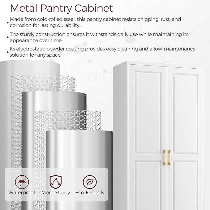 75" Kitchen Pantry Cabinet, White Metal Storage Cabinets with 2 Doors and 4 Adjustable Shelves, Tall Pantry Storage Cabinet for Kitchen, Dining Room, Living Room