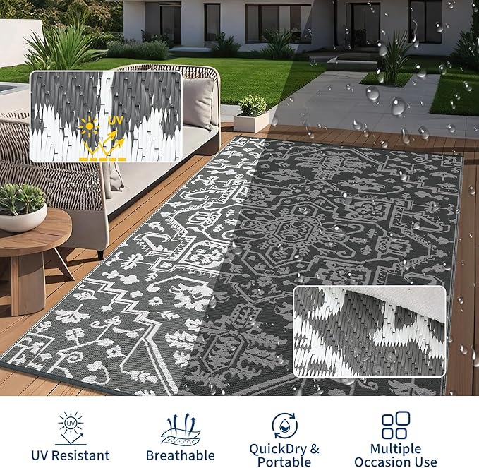 Outdoor Rug 8x10 Waterproof Reversible Plastic Straw Mat, UV-Resistant Vintage Medallion Camping Carpet for Patio, Deck, Balcony, Picnic, Large Outside Floor Mat, Grey White