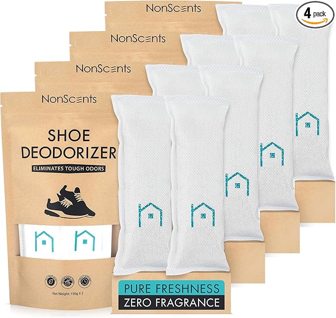 NonScents Shoe Deodorizer 4-Pack (8 Count) - Odor Eliminator, Air Freshener, Smell Absorber, Scent Remover for Shoes, Gym Bags, Soccer Cleats, Closets, Pet Area, Reusable - Shoe Deodorant