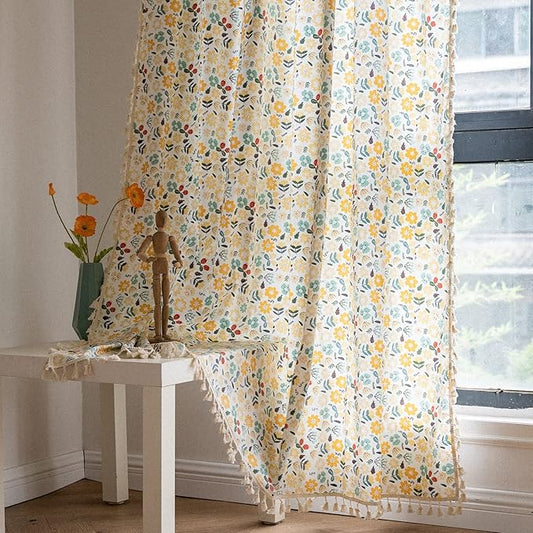 Sutuo Home Boho Curtain Semi-Blackout Colorful Florals Print Cotton Linen Fabric, Handmade Tassels Rod Pocket Bohemian Farmhouse Country Window Drapes for Living Bedroom, 59" W x 84" L, 1 Panel