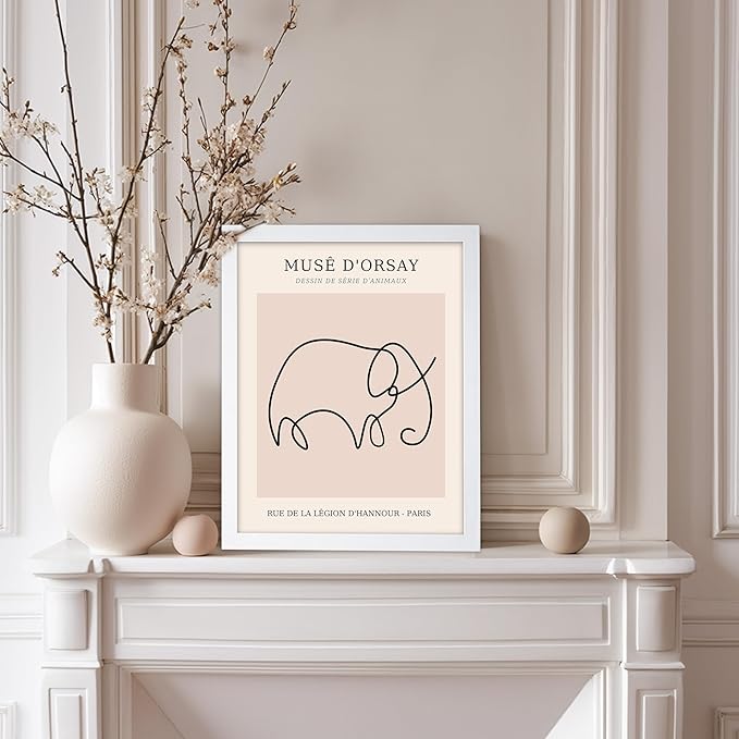 Poster Master Vintage Poster - Retro One Line Elephant Drawing Print - Elephant Art - Minimal Gift for Men, Women, Animal Lover - Abstract Wall Decor for Home, Office, 8x10 White Framed