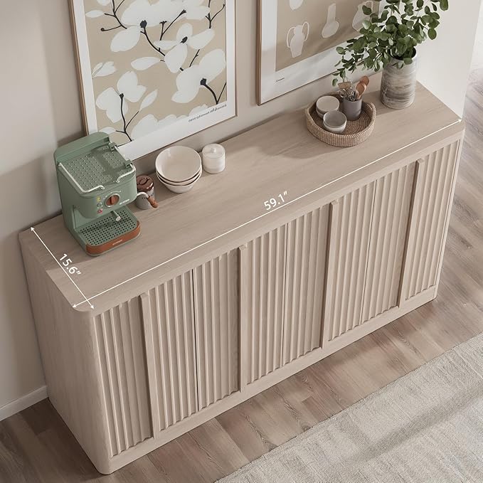 Fluted Buffet Cabinet with Storage, 60" Sideboard Buffet Accent Cabinet with 4 Door & Solid Wood Handle, Modern Buffet Table Credenza Console Cabinets for Living Room, Dining Room, Kitchen, Oak(1PCS)