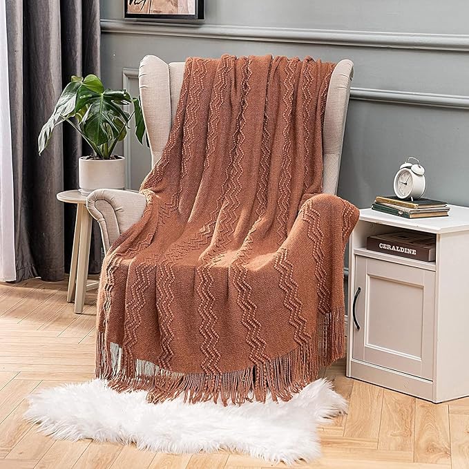 MIULEE Fall Orange Knitted Throw Blanket for Couch Boho Terracotta Rust Textured Cozy Woven Blanket with Tassels for Sofa Chair Bed Living Room Acrylic Wave Pattern 60"x80"