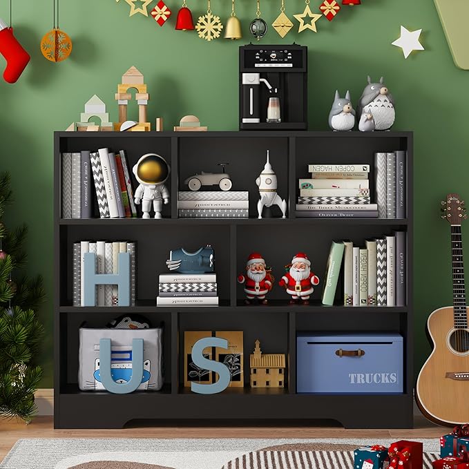Book Shelf Set of 2, 8 Cubes Storage Organizer, Freestanding Balck Bookshelf Cube Shelf for Bedroom, Living Room, Home Office, 3-Tier Open Bookshelf Wooden Bookcase