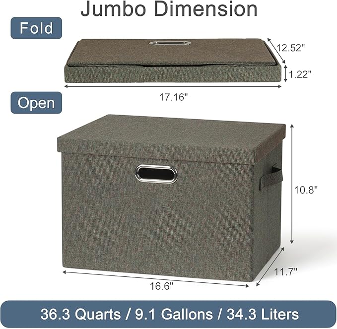 Large 17" 36 Quart Collapsible Stackable Storage Bins with Lids, 3 Packs Dark green Foldable Fabric Closet Storage Boxes with Lids, Heavy-duty Linen Cube Baskets(17x12x11)