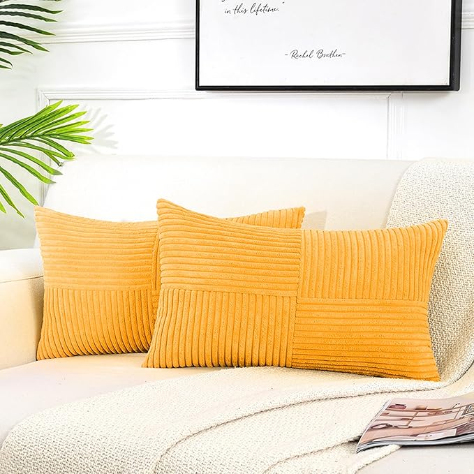 Fancy Homi 2 Packs Gold Yellow Lumbar Decorative Throw Pillow Covers 12x24 Inch for Couch Bed Sofa, Rustic Farmhouse Boho Spring Home Decor, Soft Striped Corduroy Rectangle Accent Cushion Case 30x60cm