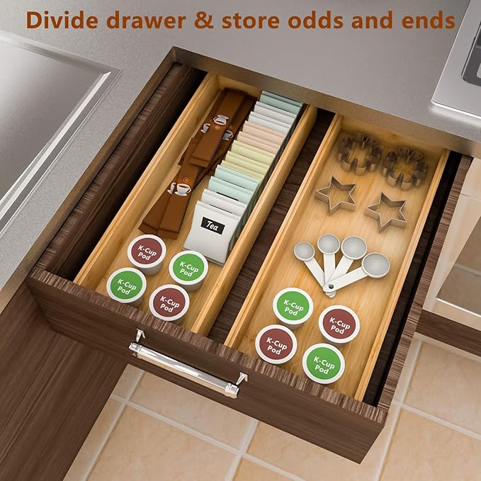 Drawer Organizer Storage Box Kitchen - Wood Stackable Tray Utensil Organizer for Office Drawers,Cabinets,Shelves,Pantry,or Bathroom Counter,Drawer Dividers for Silverware Set of 2（15x6x2.5inch）
