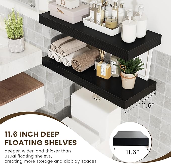 Deep Floating Shelves for Wall | 30W x 12D Black Floating Shelves Set of 2 | 12 Inch Deep Wall Shelves for Living Room Bathroom Laundry Room Bedroom Kitchen Home Office - Black