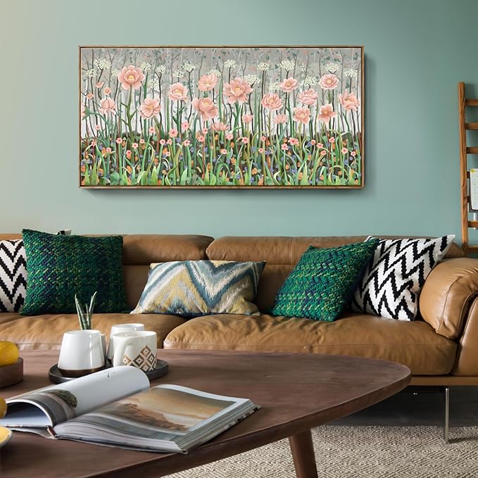 amatop Framed Large Floral Wall Art Modern Botanical Canvas Print Flower Field Wall Decor Abstract Landscape Picture Blooming Flower Forest Pink Green Artwork for Living Room Bedroom Office 48x24 in