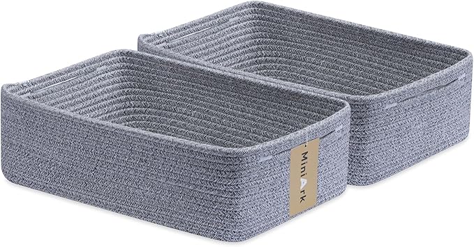 Large Shallow Organizing Baskets 15x11x5.1 Inches - Rope Woven Storage Bins for Bathroom, Shelves, Cube Closet, Mixed Grey 2 Packs