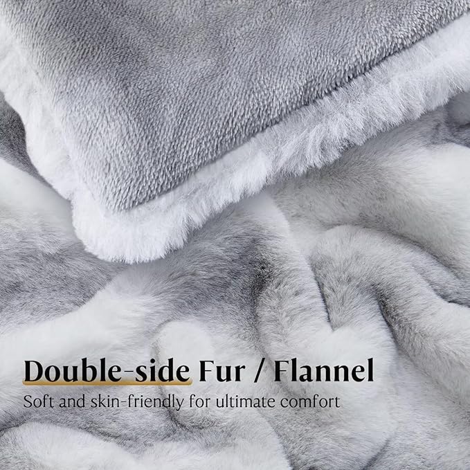 Luxury Faux Fur Blanket - Soft Warm Plush Blankets for Couch Sofa Bed, Fluffy Thick Throws for Bedroom, Office, Living Room, Decorative Reversible, Not Easy to shed - 70"x90", Grey/White