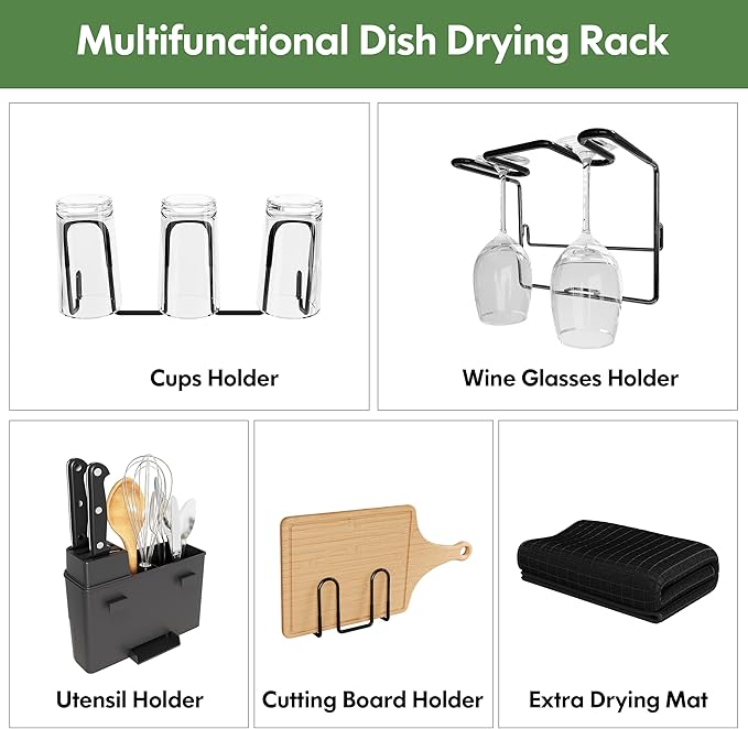 2 Tier Black Large Stainless Steel Dish Drainers Drying Rack for Kitchen Counter with Drainboard, Rust Proof Metal, Space Saving, Modern Aesthetic, Compact Plates Strainers with Extra Mat