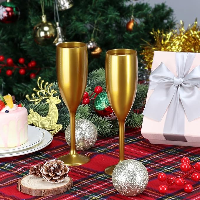 XUWAIDSGN Acrylic Champagne Flutes Toasting Glasses Unbreakable Mimosa Bar Reusable Wine Glasses Vintage Champagne Flutes Stemmed Drinking Cups 5.4 OZ for Christmas Birthday (100, Gold)