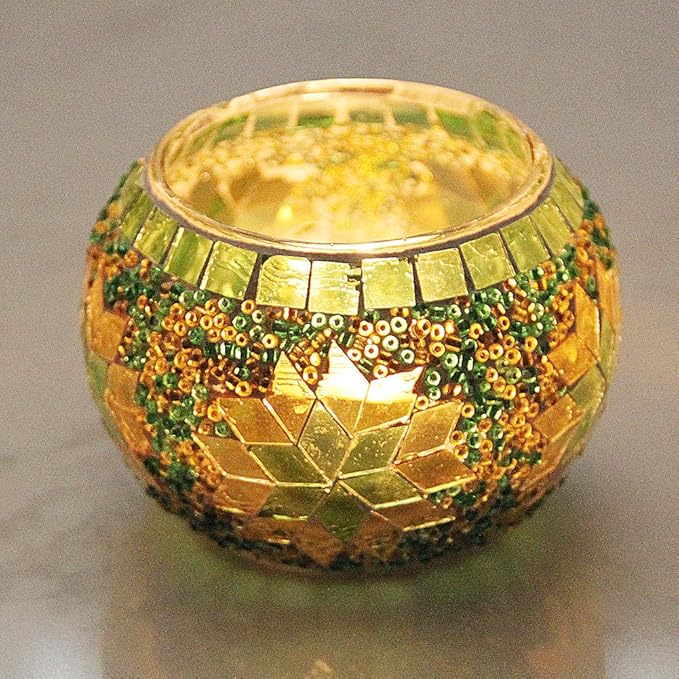 SHMILMH Votive Candle Holder Set of 4, Diwali Decoration for Home, Handmade Mosaic Glass Tealight Candle Holders for Table Centerpiece Decor,Diwali Thanksgiving