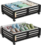 Bamboo Under Bed Storage Containers- Underbed Organizer with Wheels with Large Dust Bag,Sturdy Wood Rolling Under the Bed Shoe Storage Organizer Drawer 2 Pack
