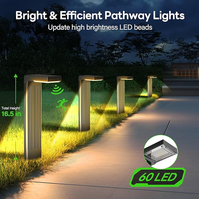 Solar Pathway Lights Outdoor 4Pack, 400LM Motion Sensor Walkway Lights with Warm/Cool White, 12H Lasting, IP65 Waterproof Solar Powered Landscape Lighting for Garden, Yard