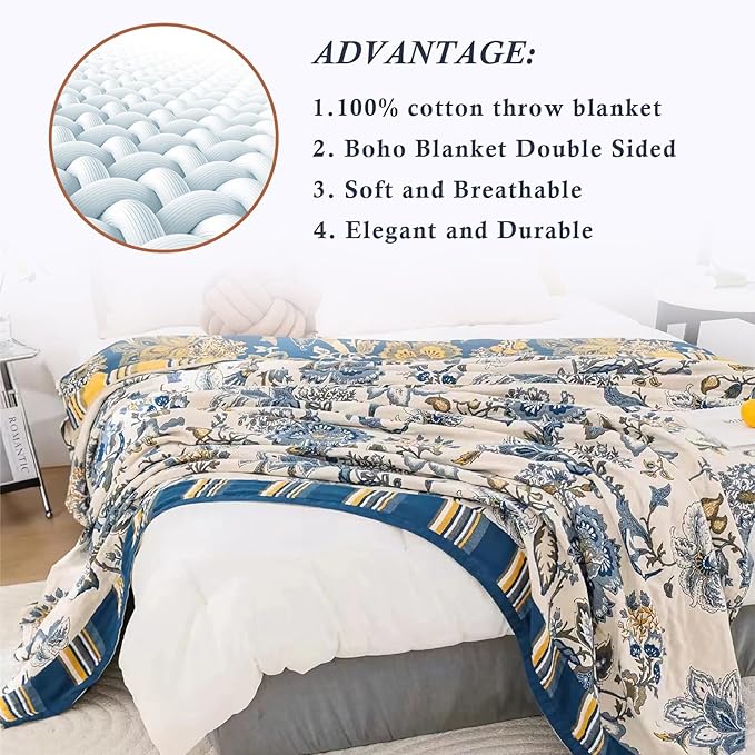 Snycler Boho Throw Blanket for Bed - 100% Cotton Ultra Soft Rustic Quilt - White Blue Floral Printed Farmhouse Decor Bed Blankets, 80"×90" All Season Rustic Throw for Sofa Couch Chair