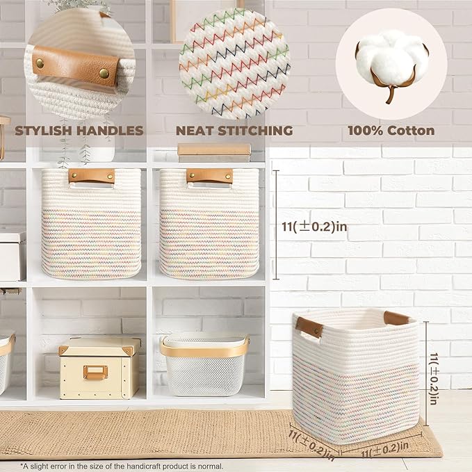 danpinera 11"x11" Storage Cubes, Soft Boho Storage Basket with Neat Stitching, 3-Pack Cube Storage Organizer, Woven Baskets for Storage in Living Room, Kids Room, Bedroom, Rainbow