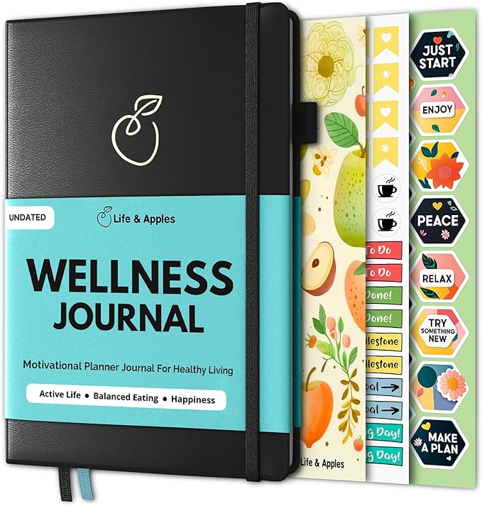Life & Apples Wellness Journal Planner – Food Log, Fitness Tracker, Habit Tracker, Weight Loss Journal for Diet Tracking and Health Goals, Undated, Size A5, Black