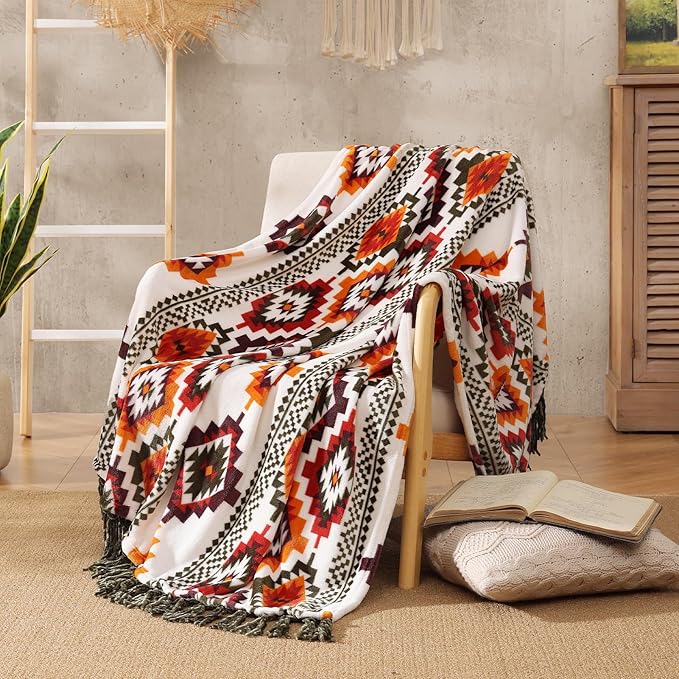 CASAAGUSTO Boho Throw Blanket - Orange and Green Decorative Blankets with Tassel, Printed Flannel Bohemian Blanket for Chair, Bed, Sofa, Couch(50 * 60, Orange and Green)
