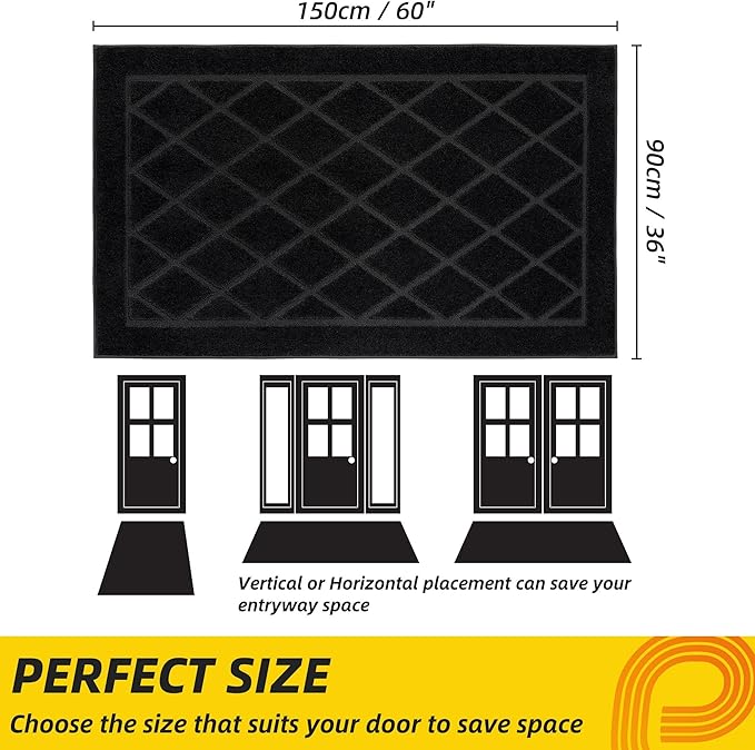 JSEI Dirt Trapper Door Mat 36"x60", Non-Slip Washable Entryway Mats, Dog Door Mat, Stain Resistant and Absorbent Floor Mats, Low Profile Welcome Mat for Front Back Door, Black