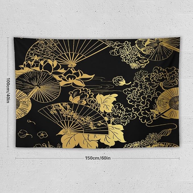 HZOHNAGO Japanese Tapestry Gold Flowers Umbrella Fan Pattern Printed Wall Tapestry Painting Wall Hanging for Bedroom Living Room Dorm 60" W x 40" H