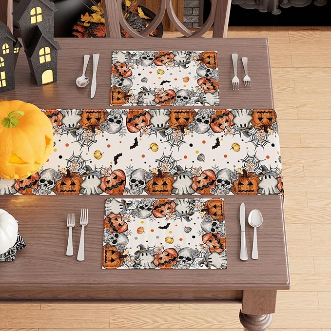 XCHI Spooky Skeleton Ghost Pumpkin Halloween Placemats Set of 4 Table Mats for Party Home Kitchen Dining Table Decorations 12x18 Inch
