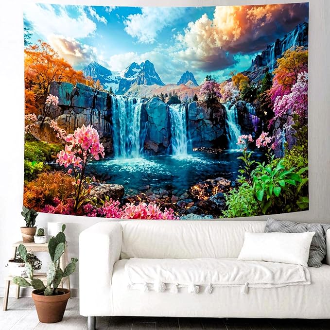 Delur Waterfall Tapestry Tropical Forest Mountain Sunset Tree Wall Hanging Tapestry Scenic Rainforest Landscape Nature Sunrise Headboard for Bedroom Living Room Home Decor (51.2" x 59.1")