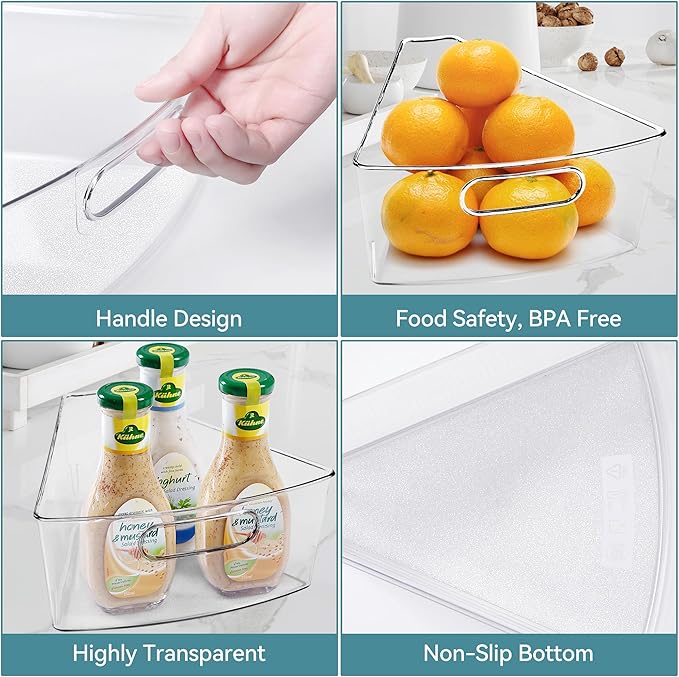 Oubonun Lazy Susan Organizers Set of 8, 11.6’’ x 10.2’’ x 4.1’' Plastic Transparent Kitchen Cabinet Storage Bins with Handle, 4.1" Deep Container, 1/8 Wedge - Food Safe, without BPA
