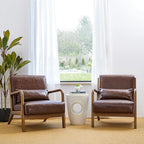 Glitzhome 2 Set Mid Century Coffee Accent Armchair, Single Reading Armchair PU Leather Lounge Chair with Walnut Ruberwood Frame