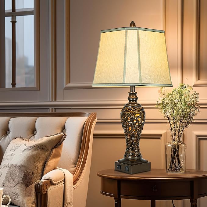 28.5" high Vintage Brown Table Lamps Set of 2 - Bedside Lamp with Faux Silk Shades - for Bedroom and Living Room with USB and Nightlight - Perfect for Nightstands and Bedrooms (Bulb Included)