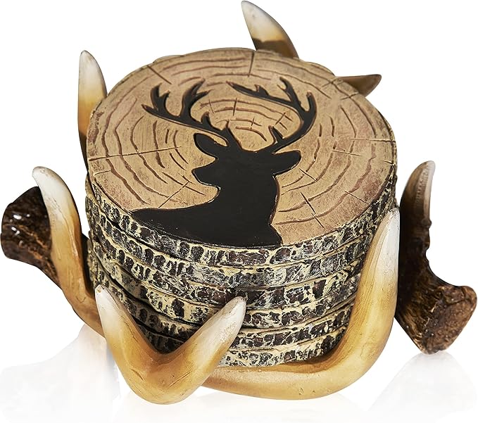 Deer Antlers Coaster Set of 6 – Handcrafted Deer Antler Decor and Man Cave Gifts for Men - 6 Full Size Deer Antlers Coasters for Man Cave Décor