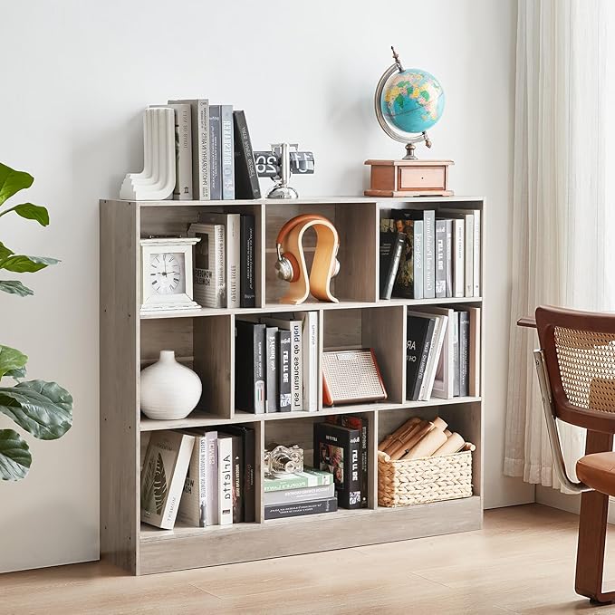 LEYAOYAO 10 Cube Bookshelf with Base,3 Tier Mid-Century Modern Grey Bookcase,Standing Wide Bookshelves Storage Organizer Shelf,Rustic Wood Display Cabinet Book Shelves for Bedroom,Living Room,Office