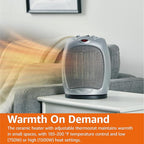 Amazon Basics Oscillating Ceramic Space Heater, Portable Indoor Heating Solution, With Overheat and Tip-Over Protection, Thermostat, 1500W, 7.52"D x 6.34"W x 9.45"H, Silver