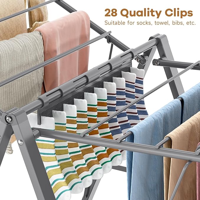 APEXCHASER Clothes Drying Rack Foldable, Metal Laundry Drying Rack Collapsible, Portable Compact Clothes Rack for Sweater Baby Clothes Towel Indoor & Outdoor, Height Adjustable Clothes Airer, Grey