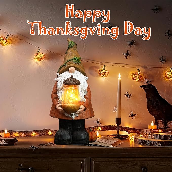 Topadorn Fall Garden Gnome Statue Light, Autumn Harvest Gnome Figurine with Pine Cone on Hand for Fall Harvest Party Thanks, Autumn Thanksgving Gifts for Famliy