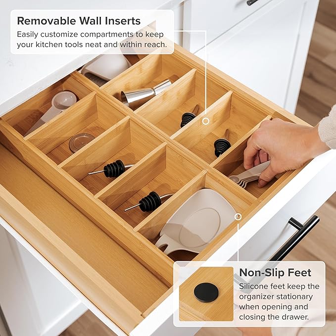 Premium Kitchen Utensils and Junk Drawer Organizer – Small 5-Compartment Design with 4 Removable Dividers, Non-Slip Feet, 100% Sustainable Bamboo, 2 Pack
