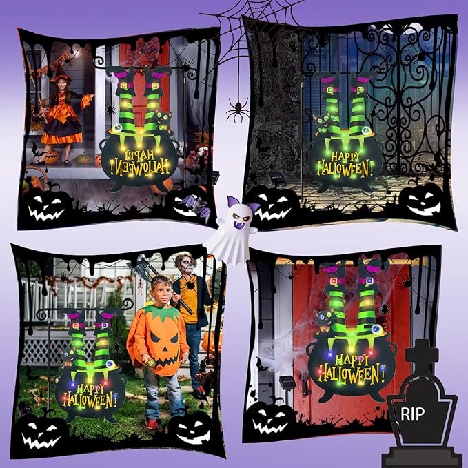 Halloween Lighted Garden Flag for Outside, Witch Feet Shape Flag Yard Decor, 8 Modes Double Sided Cauldron Eyeball Black Cat Outdoor Hlloween Decorations for Home Porch (Warm White-28x40)